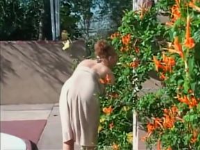 Huge boobs blonde milf fucking licking big cock sucking in the garden