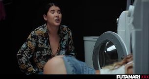 Futanari Veronica Leal ruined in washing machine by Lady Dee's ass fuck