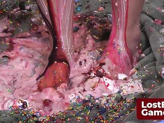 Four lesbian babes playing disrobe facial with immodest food play