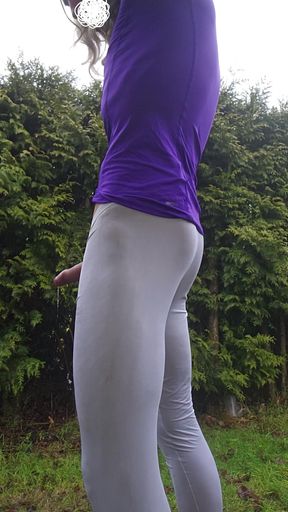 Skinny boy in tight white Leggings shows his big bulge to stranger. Nice precum from big dick