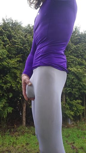 Skinny boy in tight white Leggings shows his big bulge to stranger. Nice precum from big dick