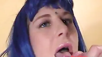 Blue-Haired Crossdresser Gives Amateur Blowjob