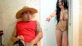 XXX brunette Latina caught a dude jerking off and decided to help