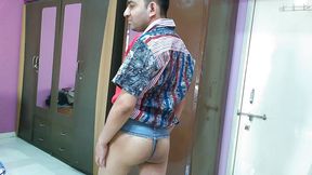 Cute boy in shirt and erotic denim thong getting nude in front of webcam