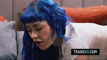 Blue-Haired Babe Getting Double Fucked by Trans Couple