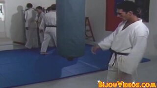 Karate hunk pounded bareback before his body is spunk-showered