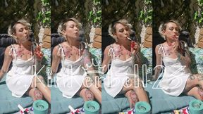Chain-smoking outdoors in short White dress