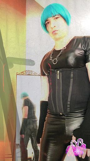 Super Sexy Sissy Slut Kandi swings her cock in her Black latex and boots PMV