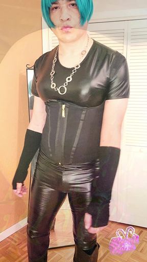 Super Sexy Sissy Slut Kandi swings her cock in her Black latex and boots PMV