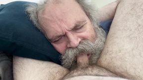 Moustache Daddy Worships Cock, Swallows Cum