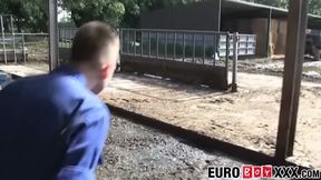 Skinny 18+ young gay shoots jizz over farm equipment after anal