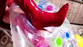 dominant red pvc milf inflatable mattress fetish. giant beach balls, pov sex, double cum and popping preview