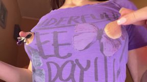 The MILF's nipples poked through her T-shirt, and she couldn't resist tearing it apart to play with them