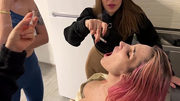 Bitchy Lesbians Smoke Using A Busty Slave Girl's Mouth Instead Of An Ashtray - Triple Human Ashtray Lezdom