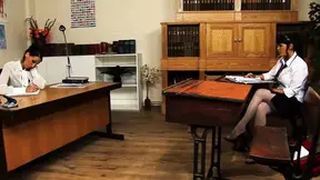 Professor uses strap-on to fuck student's pussy on her desk