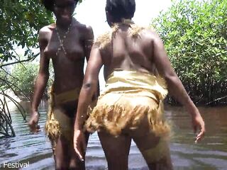 Tribal african girls performing wild sex ritual on me by the river
