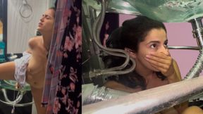 Stepsister gets facial cumshot through a hole in the sink!