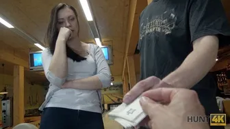 Bored at bowling she offers a hot fuck for cash in public