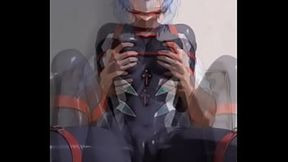 Rei Ayanami in black suit in vulnerable position