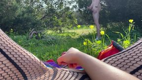 Close-up Masturbation In The Bushes At Beach. A Stranger Helped Film The Video And Jerked Off To Me