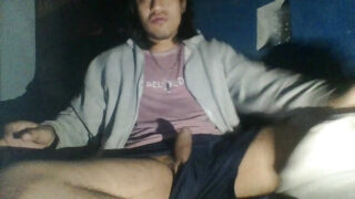 Домашен аматьорски мечок гали големия си пенис в соло мастурбация, преди млад жребец да го чука анално