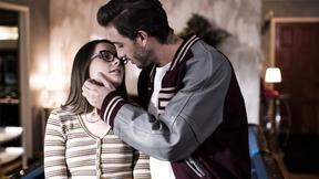 ”Nerdy petite teen interviews popular classmate & rides huge cock”