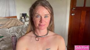 Collar chained, handcuffed and face body cumshot humiliation