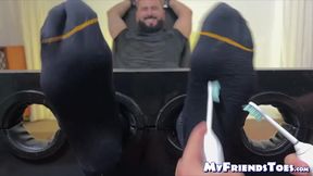 Rikk York is locked up and giggling like crazy in a tickling torment by three straight dudes