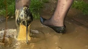 Fully wrecked Casadei Blade, high heels ruined in mud, high heels stomping by sneakers, high heels destruction, ruined high heels