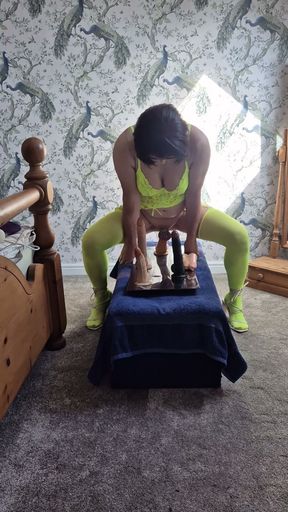 Sexy Mature Crossdressing Sissy Slut in yellow lingerie and limp dick in chastity rides some of her dildos   Clip 2