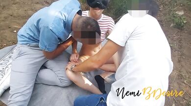 In the woods sharing slutty wife and her mouth with strangers for blowjobs and cumshots