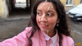 Teen babe moans as huge cum covers her shaved pussy during a public cumwalk