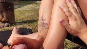 Glossy Nylon Footjob in My Garden
