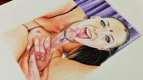 Erotic Art Or Drawing Portrait of Angela White as Sexy Desi Wife Sucking A Big White Dick