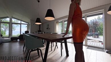 sexy curvy lady in orange bodycon dress and stockings filled missionary with fresh cum