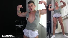 Twink muscle bulk boy flexing with boner