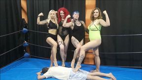 2 muscular girls and 2 female wrestlers tie up a guy in a match part 1 (old guy)