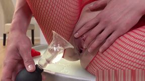 Busty chick pissing and masturbating clit