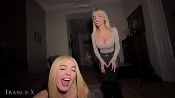 Two Blonde Sluts Share a Big Cock in Double Blowjob
