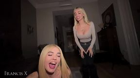 Two Blonde Sluts Share a Big Cock in Double Blowjob