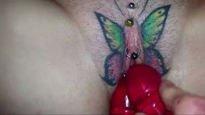 Lewd slut with a butterfly tattoo on her pussy just loves anal sex