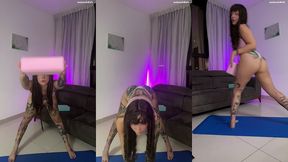 alternative girl stretching in white thong. yoga. sfw.