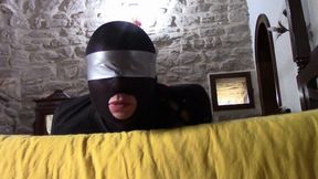 Bound and blindfolded MILF gets her mouth fucked and facialized