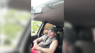 Uber driver masturbates his huge cock in his car while a stranger approaches to suck him off