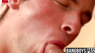 Handsome jock bareback fucked in threesome before big facial