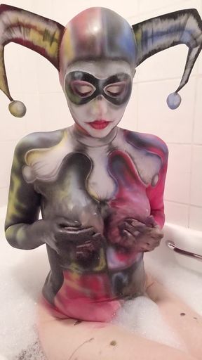 Cosplay Harlequin Body Paint Removal and Tit Grab