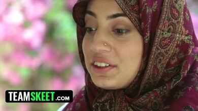 Nadia Ali the Arab neighbor in hijab gives head then takes rough interracial sex on the floor