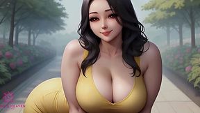 Big-titted Japanese MILF bends over for a hot country creampie in tight close-up POV fuck