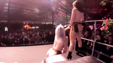 Lesbian cowgirls live show with huge tits Pamela Sanchez pounding public stage