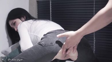 Asian beauty in torn jeans gets stuffed with a big cock anal creampie in doggy
